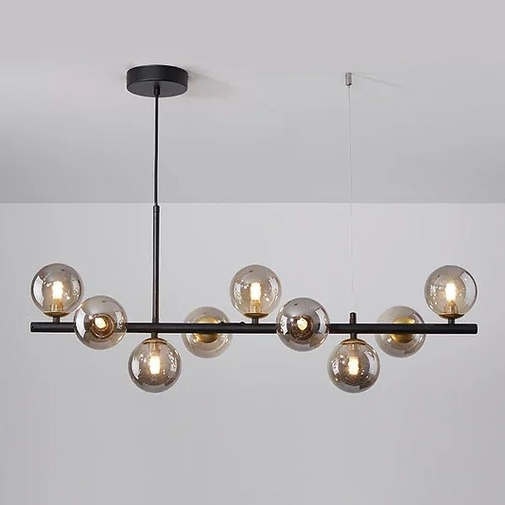 Suspension linéaire à globes de verre, noire ou dorée – Varenna, finition noir, verre gris fumé / 7 globes, L 65 cm