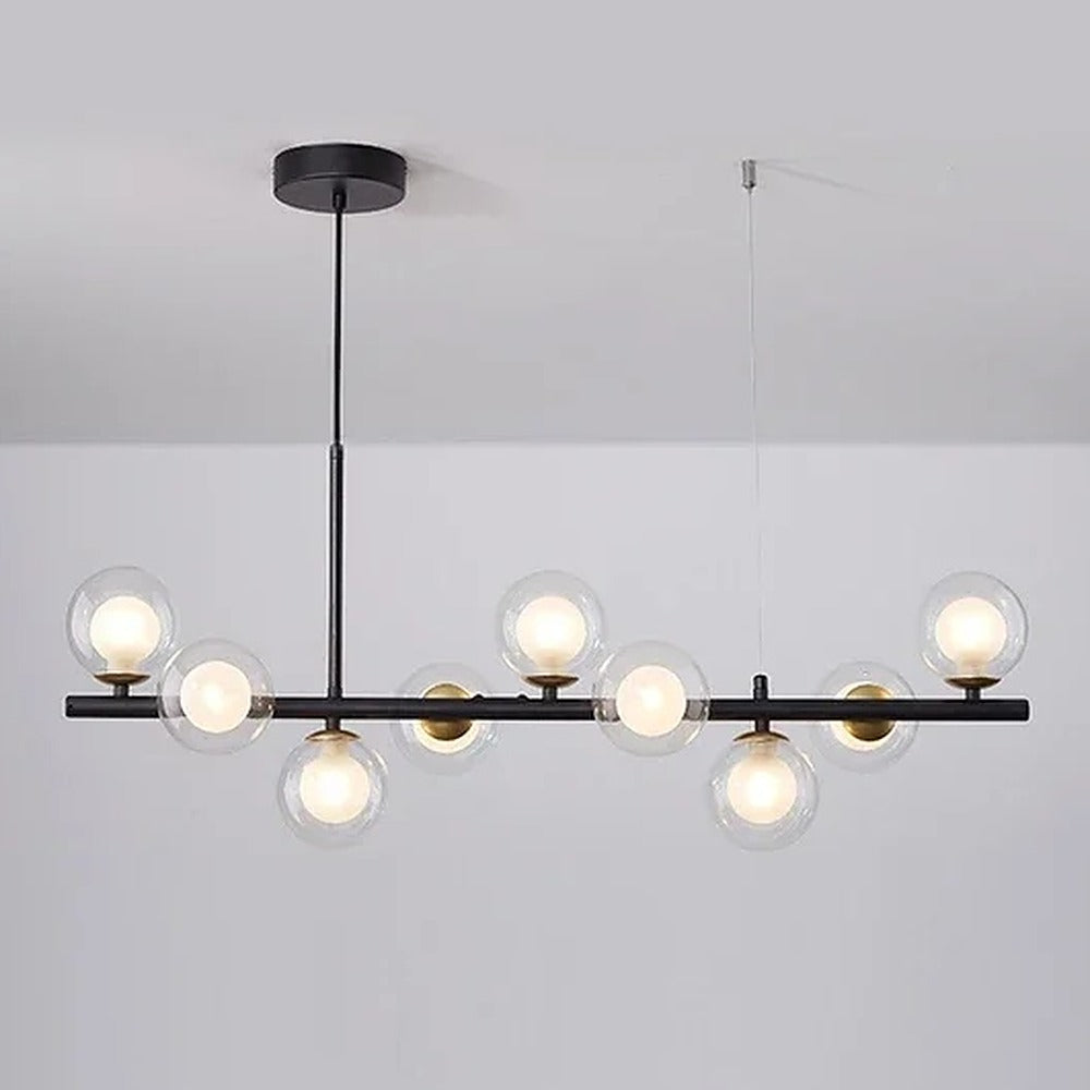 Suspension linéaire à globes de verre, noire ou dorée – Varenna, finition noir, globes doubles / 9 globes, L 83 cm