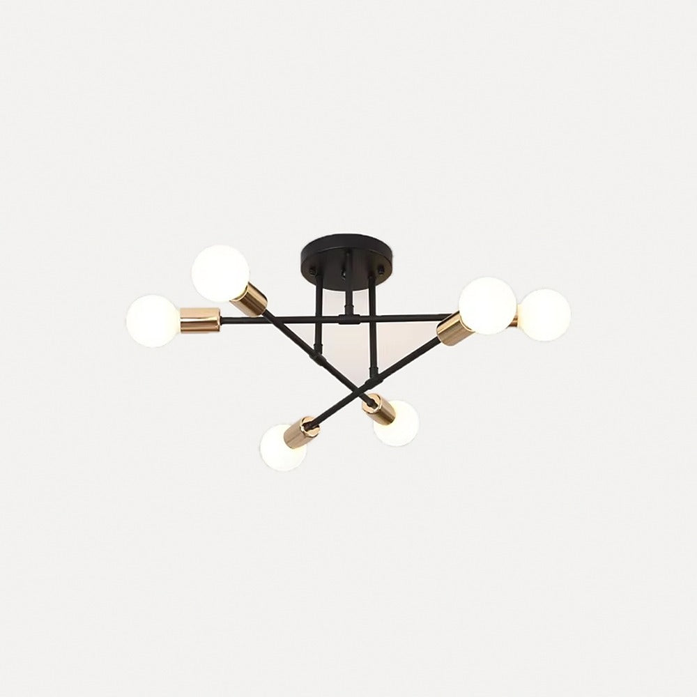 Plafonnier lustre 6 branches à globes opalins, E27 – Vaux, modèle noir et doré