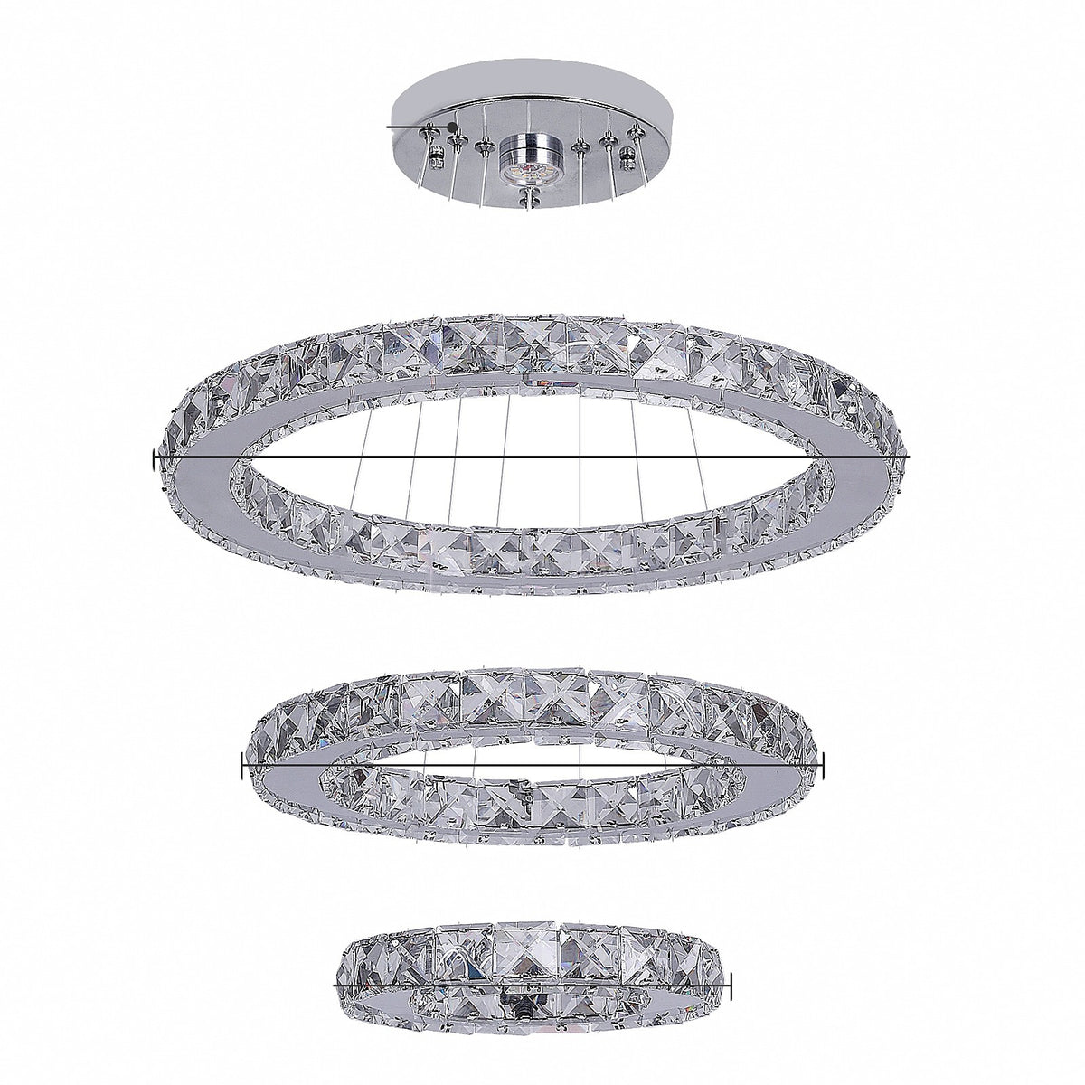 Suspension anneaux de cristal, LED intégrée – Vendôme, finition chromé / Teinte modulable