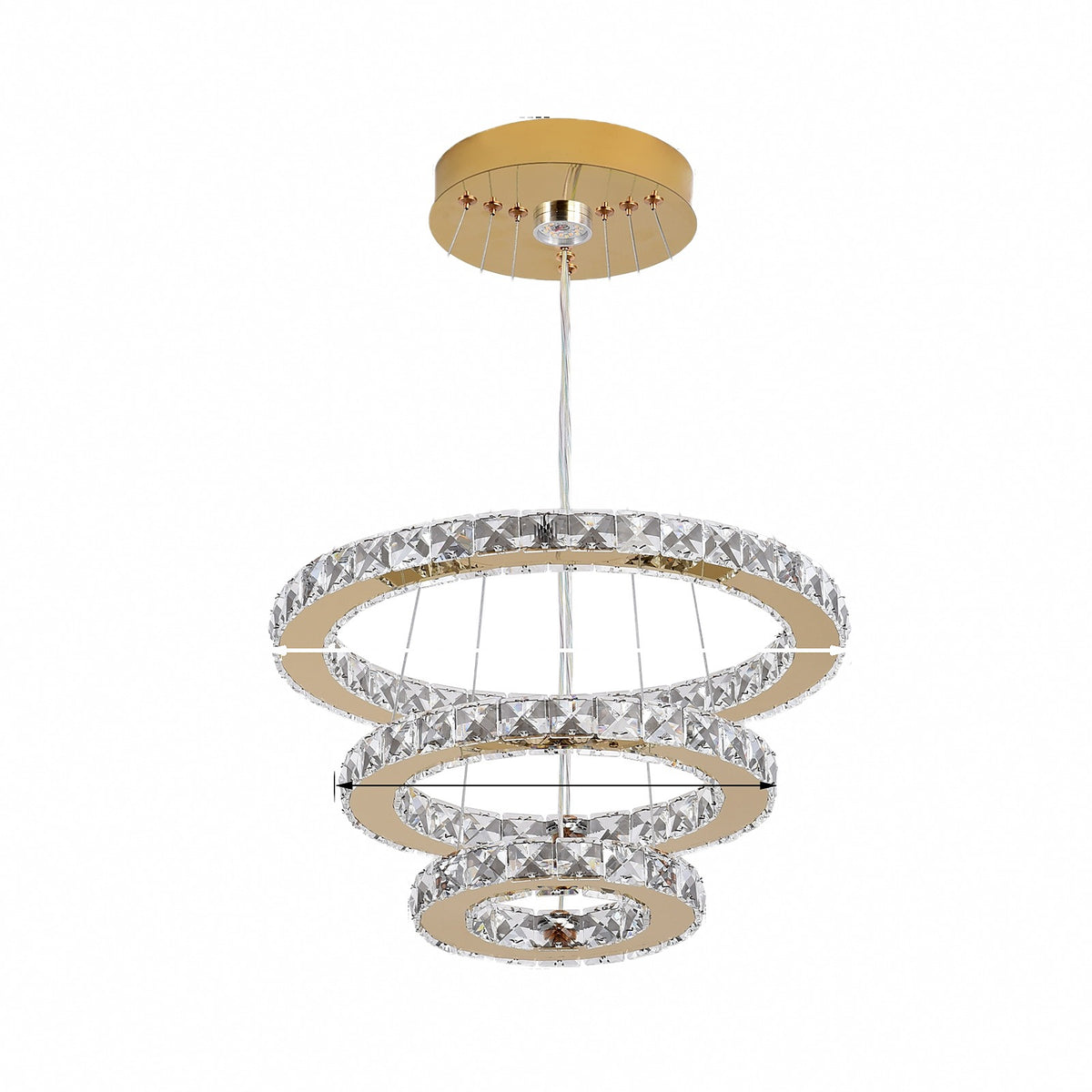 Suspension anneaux de cristal, LED intégrée – Vendôme, finition doré / Teinte modulable